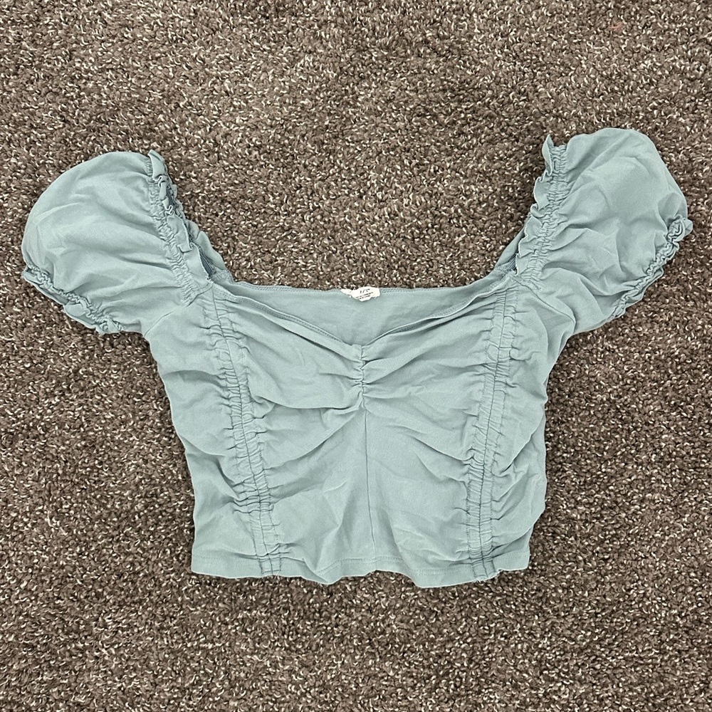 Garage Cyan Puff Sleeve Crop Blouse